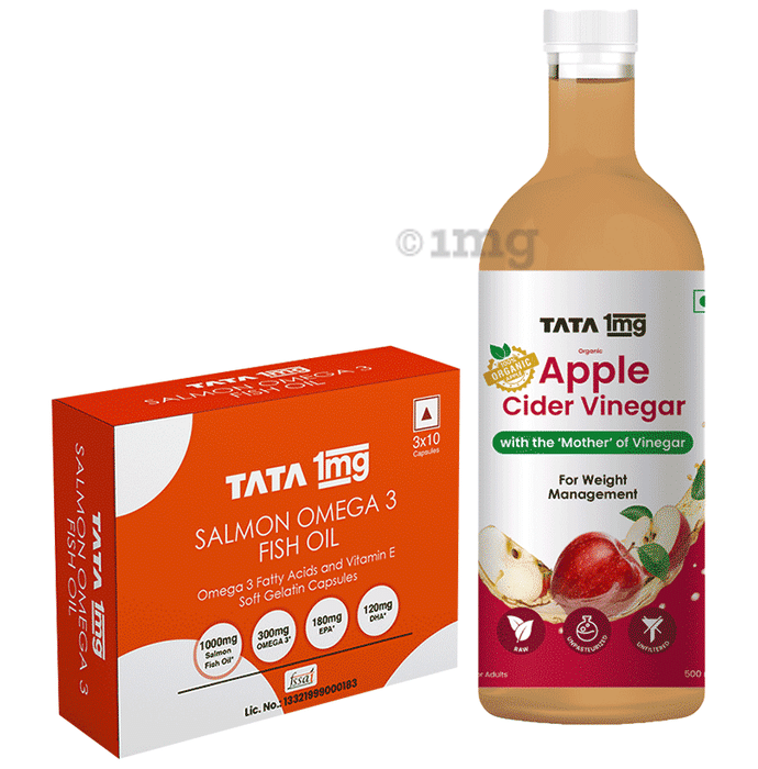 Combo Pack of Tata 1mg Salmon Omega 3 Fish Oil Capsule (30) & Tata 1mg Organic Apple Cider Vinegar with the “Mother of Vinegar” (500ml)