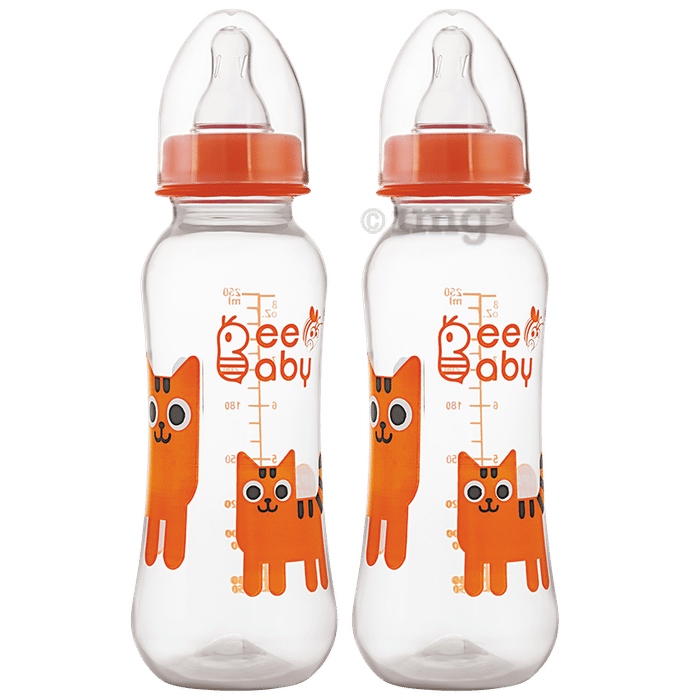 BeeBaby Easy Start Slim Neck Baby Feeding Bottle with 4 Anti - Colic Gentle Touch Silicone Nipples 8 Months + (250ml Each) Orange