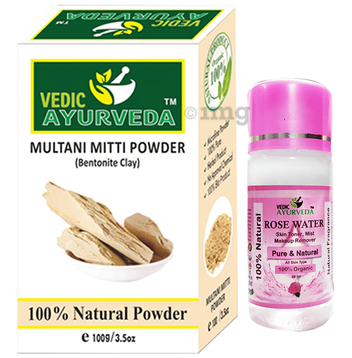 Vedic Ayurveda  Combo Pack of Multani mitti powder face pack (100gm) with Rose Water (60ml)