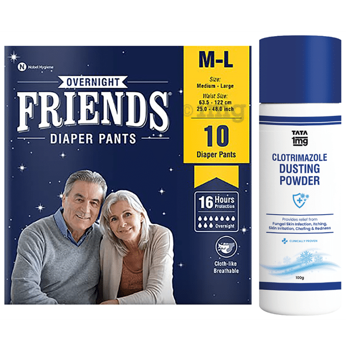 Combo Pack of Friends Overnight Adult Diaper Pants M-L (10) & Tata 1mg Antifungal Dusting Powder (100gm)