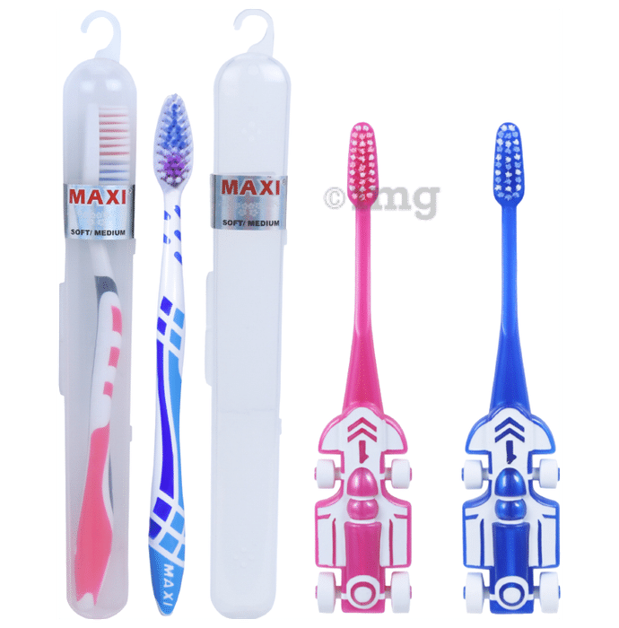 Maxi Oral Care Family Pack of 2 Zoom Car Junior Toothbrush and 2 Adult For You Toothbrush