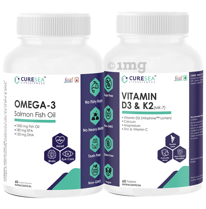 CURESEA Lifesciences Combo Pack of Omega-3 Salmon Fish Oil & Vitamin D3 & K2 MK-7