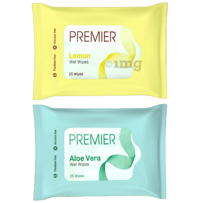 Premier Combo Pack of Aloe Vera and Lemon Flavour Alcohol Free Wet Wipes (25 Each)