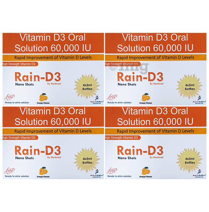 Rain D3 Vitamin D3 Oral Solution 60,000 IU Nano Shots (4x5ml Bottle Each) Orange