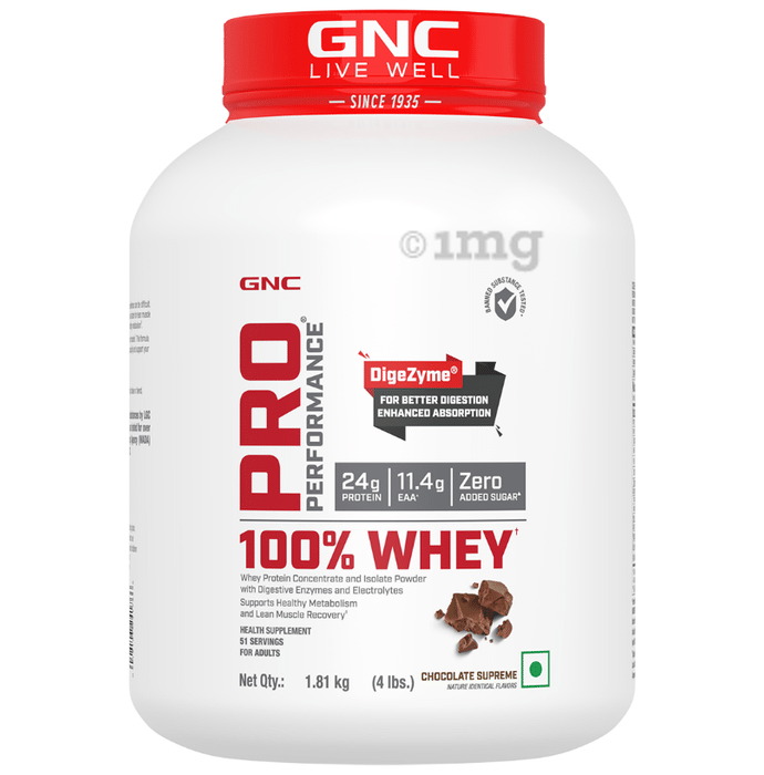 GNC Pro Performance 100% Whey Protein |  With Digestive Enzymes & Electrolytes | For Metabolism & Lean Muscles Recovery | Flavour Powder Chocolate Supreme