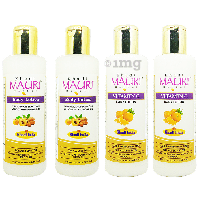Khadi Mauri Herbal Combo Pack of Vitamin C Body Lotion and Body Lotion with Natural Beauty Oils Apricot with Almonds Oils (210ml Each)