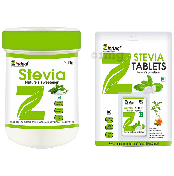 Zindagi Stevia Nature's Sweetener 200gm & Stevia Tablets Nature's Sweetener 100 Each