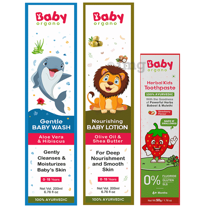 Baby Organo Combo Pack of Gentle Baby Wash 200gm, Nourishing Baby Lotion 200gm And Herbal Kids Toothpaste 50gm