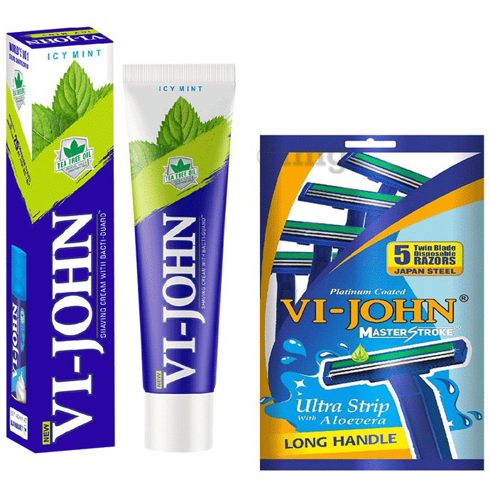 Vi-John Combo Pack of Shaving Cream with Bacti-Guard (125gm) & Platinum Plated Master Stroke Razor (5) Icy Mint