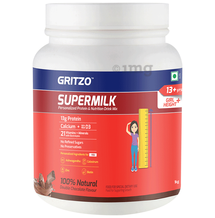 Gritzo Super Girl Milk Protein Height+ for 13+ Years Girls | With Calcium & Vitamin D3 | Flavour Double Chocolate