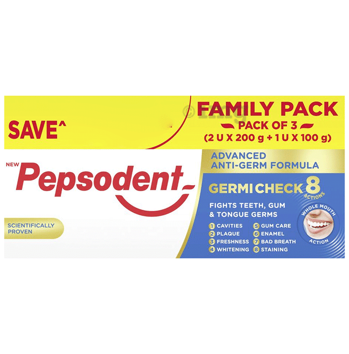 Pepsodent Germi Check 8 Actions Toothpaste Family Pack (2 Tube of 200gm & 1 Tube of 100gm)