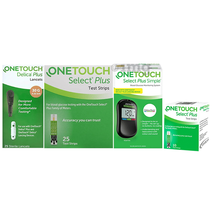 OneTouch Combo Pack of Select Plus Simple Glucometer with 10 Free Strips Black, Select Plus Test Strip (Only Strips) Test Strip Green & Delica Plus Lancets (Only Lancets) 30G