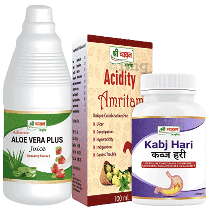Shri Chyawan Combo Pack of Advance Aloe Vera Plus Juice (500ml Each), Acidity Amritam Syrup (100ml Each) & Kabj Hari Powder (50gm)