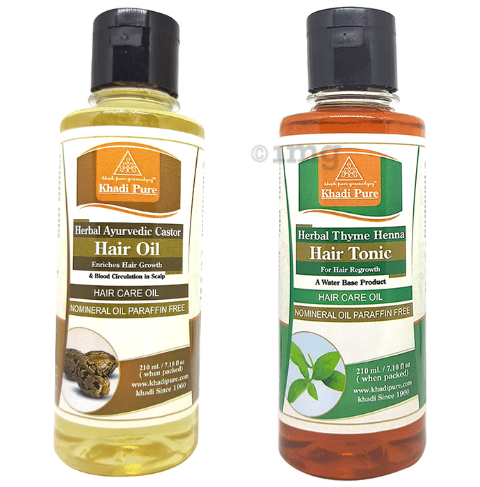 Khadi Pure Combo Pack of Herbal Ayurvedic Castor Hair Oil & Herbal Thyme Heena Hair Tonic Mineral Oil Free & Paraffin Free (210ml Each)