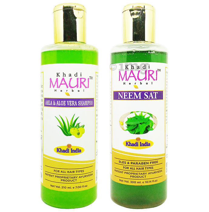 Khadi Mauri Herbal Combo Pack of Amla Aloe Vera (210ml) & Neem Sat (300ml) Shampoo
