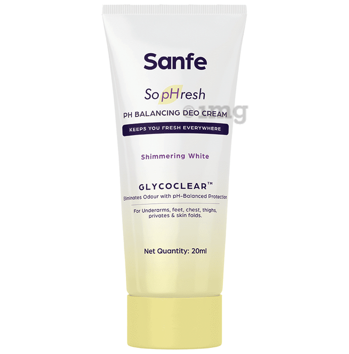 Sanfe So Phresh PH Balancing Deo Cream for for Underarms, Feet, Intimates & Skin Fold Shimmering White