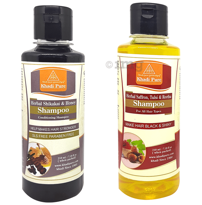Khadi Pure Combo Pack of Herbal Saffron, Tulsi & Reetha Shampoo & Herbal Shikakai & Honey Shampoo SLS Free & Paraben Free (210ml Each)