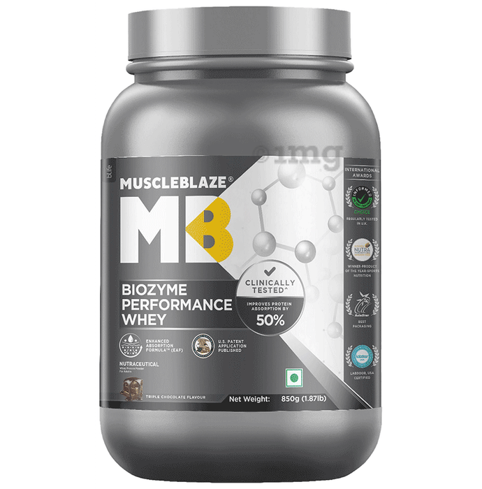 MuscleBlaze Biozyme Performance Whey Protein | For Muscle Gain | Improves Protein Absorption by 50% | Flavour Powder Triple Chocolate