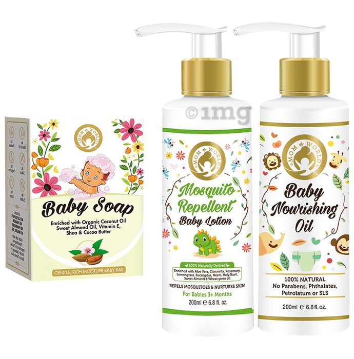 Mom & World Combo Pack of Baby Soap (125gm), Mosquito Repellent Baby Lotion (200ml) & Baby Nourishing OIl (200ml)