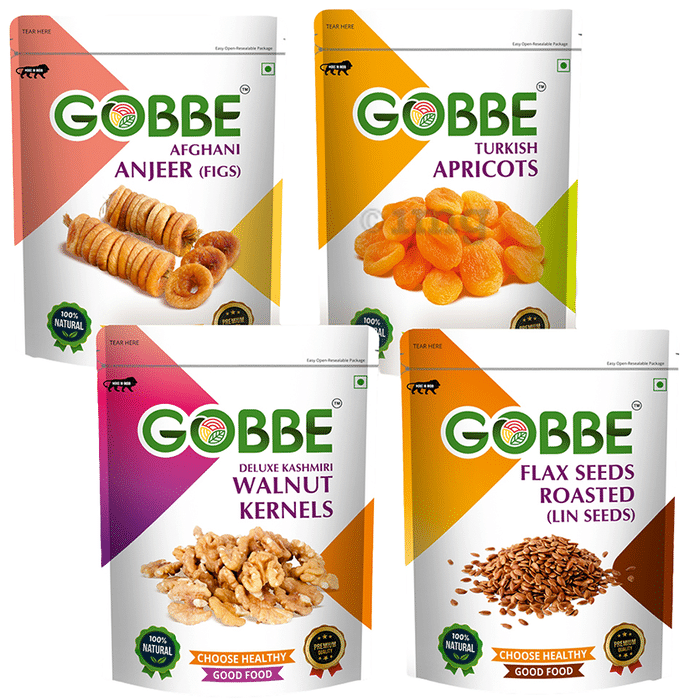 Combo Pack of Gobbe Afghani Anjeer (Figs), Turkish Apricots, Deluxe Kashmiri Walnut Kernels, Flax Seeds Roasted Lin Seeds (200gm Each)