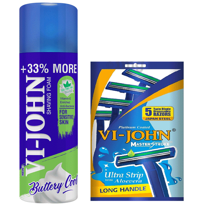 Vi-John Combo Pack of Buttery Cool Tea Tree Oil Shaving Foam (400gm) & Platinum Plated Master Stroke Razor (5) for Sensitive Skin