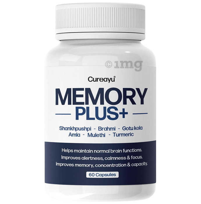 Cureayu Memory Plus Capsule| Made with Amla, Brahmi & More | For Improved Brain Functions |100% Herbal