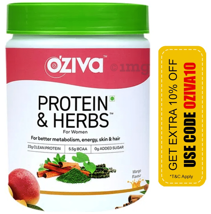 Oziva Protein & Herbs Whey Protein | For Metabolism, Energy, Skin & Hair | For Women| Flavour Mango