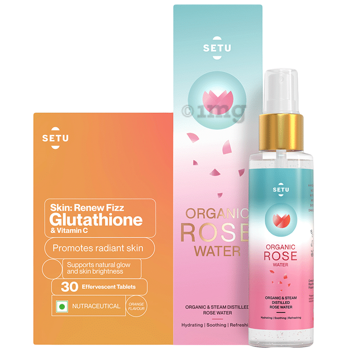 Setu Combo Pack of Organic Rose Water (100ml) & Skin: Renew Fizz Glutathione & Vitamin C Effervescent Tablets (30 Each)