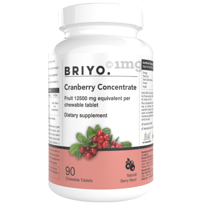 Briyo Cranberry Concentrate Chewable Tablets (Equivalent To 2000 Mg Cranberry Fruit) Natural Berry