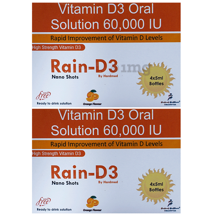 Rain D3 Vitamin D3 Oral Solution 60,000 IU Nano Shots (4x5ml Bottle Each) Orange