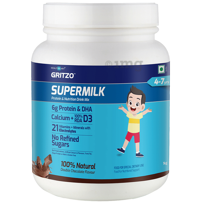 Gritzo SuperMilk for Active Kids, Protein Powder for Kids, High Protein (6 g), DHA, Calcium + D3, 21 Nutrients, No Refined Sugar, 100% Natural Double Chocolate Flavour 4-7 years Powder