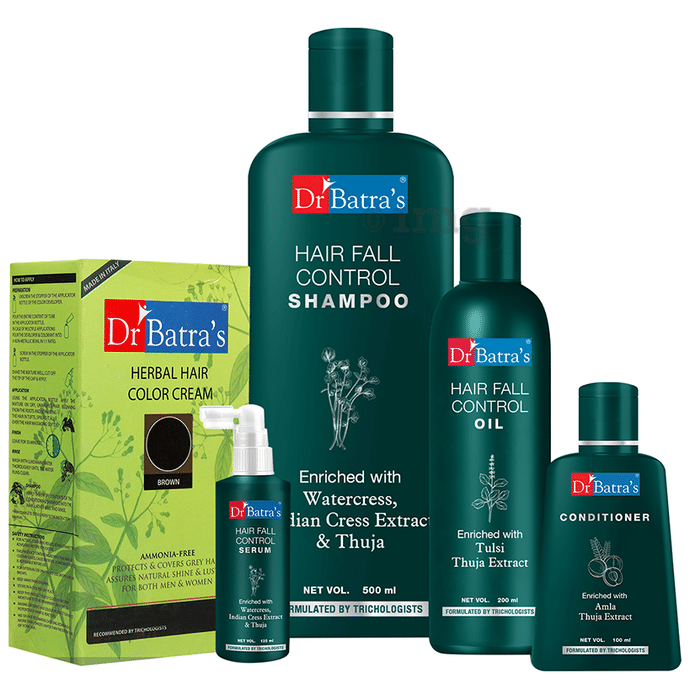 Dr Batra's Combo Pack of Hair Fall Control Serum 125ml, Conditioner 100ml, Hair Fall Control Oil 200ml, Hair Fall Control Shampoo 500ml and Herbal Hair Color Cream 130gm Brown
