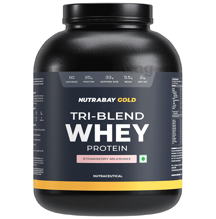 Nutrabay Gold Tri-Blend Whey Protein for Muscle Recovery & Immunity | No Added Sugar | Flavour Strawberry Milkshake