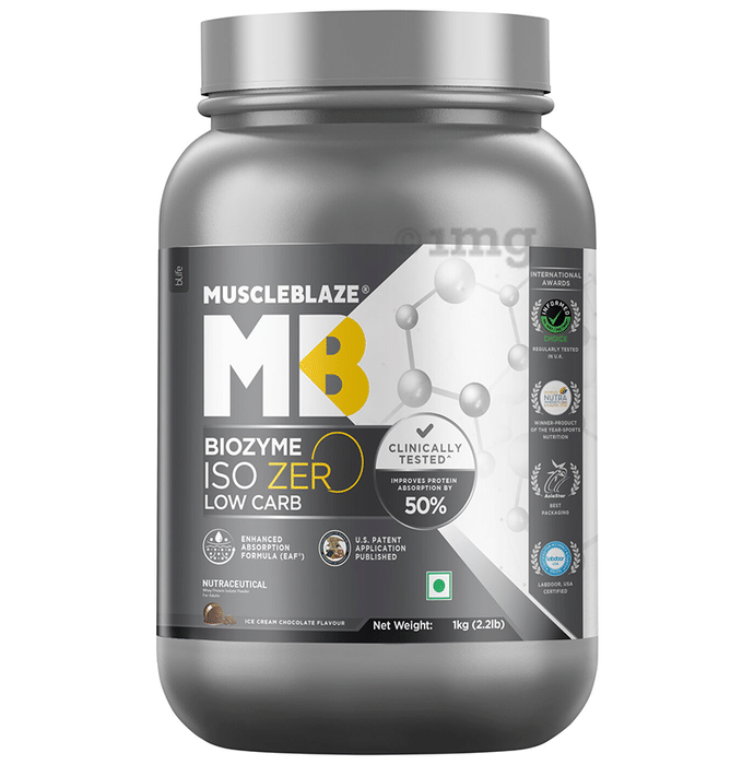 MuscleBlaze Iso Zero Low Carb | For Muscle Gain | Improves Protein Absorption by 50% | Flavour Powder Ice Cream Chocolate