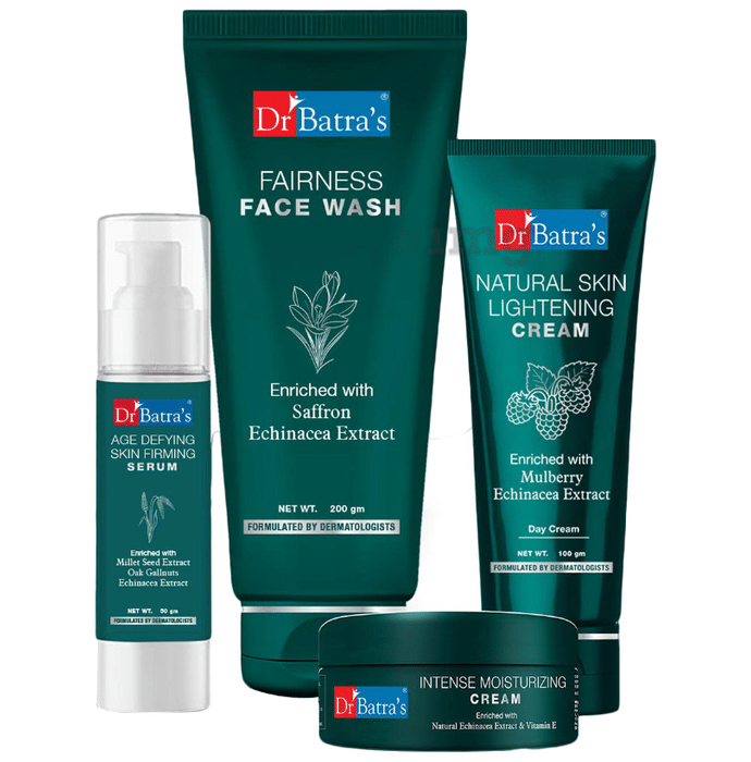 Dr Batra's Combo Pack of Fairness Face Wash 200gm, Natural Skin Lightening Cream 100gm, Age Defying Skin Firming Serum 50gm and Intense Moisturizing Cream 100gm