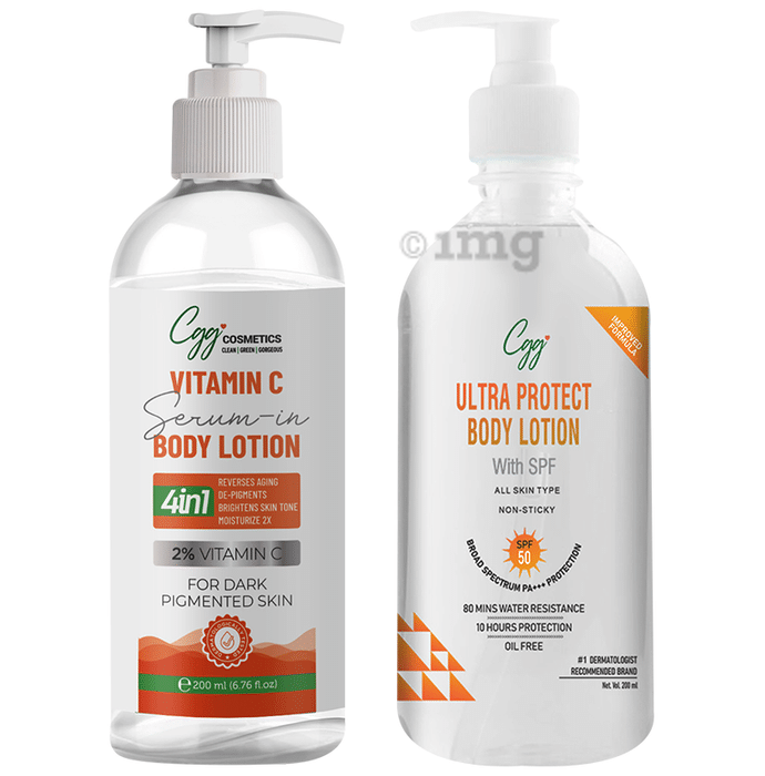 CGG Cosmetics Combo Pack 2% Vitamin C Serum In Body Lotion & Ultra Protect Body Lotion SPF 50 Broad Spectrum PA+++ Protection (200ml Each)
