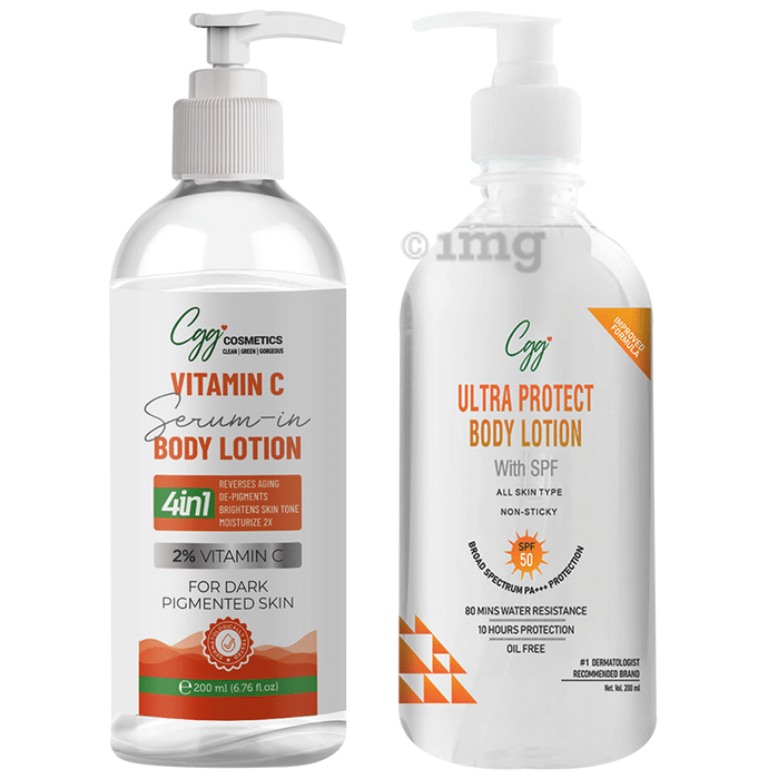 CGG Cosmetics Combo Pack 2% Vitamin C Serum In Body Lotion & Ultra Protect Body Lotion SPF 50 Broad Spectrum PA+++ Protection (200ml Each)