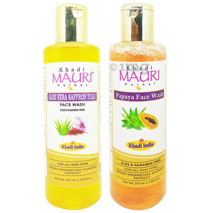Khadi Mauri Herbal Combo Pack of Aloevera Saffron Tulsi & Papaya Face Wash (210ml Each)