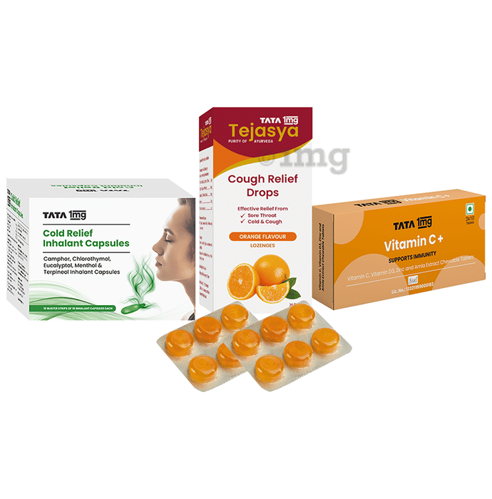 Combo Pack of Tata 1mg Tejasya Cough Relief Drops Orange (6),  Tata 1mg Cold Relief Inhalant Capsule (10) & Tata 1mg Vitamin C with Vitamin D3, Zinc and Amla Extract Chewable Veg Tablet, Supports Immunity (30)