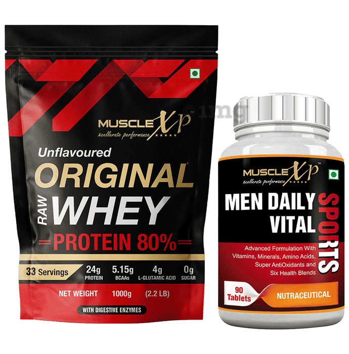 MuscleXP Combo Pack of Original Raw Whey Protein Unflavoured (1kg) & Men Daily Vital Sports Tablet (90)