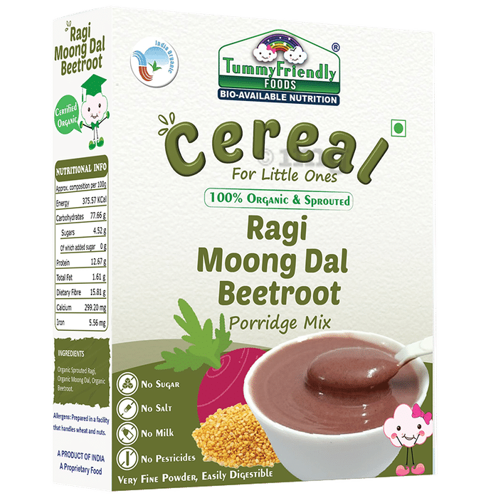 TummyFriendly Foods Cereal Ragi Moong Dal Beetroot Certified 100% Organic Sprouted Ragi, Oats, Red Lentil, Banana Porridge Mix