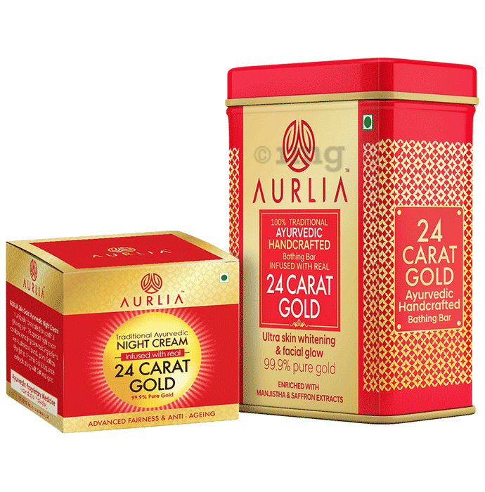 Aurlia Combo Pack of 24 Carat Gold Ayurvedic Handcrafted Bathing Bar (100gm) & 24 Carat Gold Ayurvedic Night Cream (30gm)