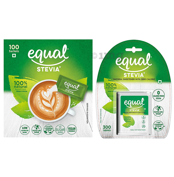 Equal Combo Pack of Stevia Sachet (100) & Stevia Natural Sweetener with Zero Calorie Tablet (300)