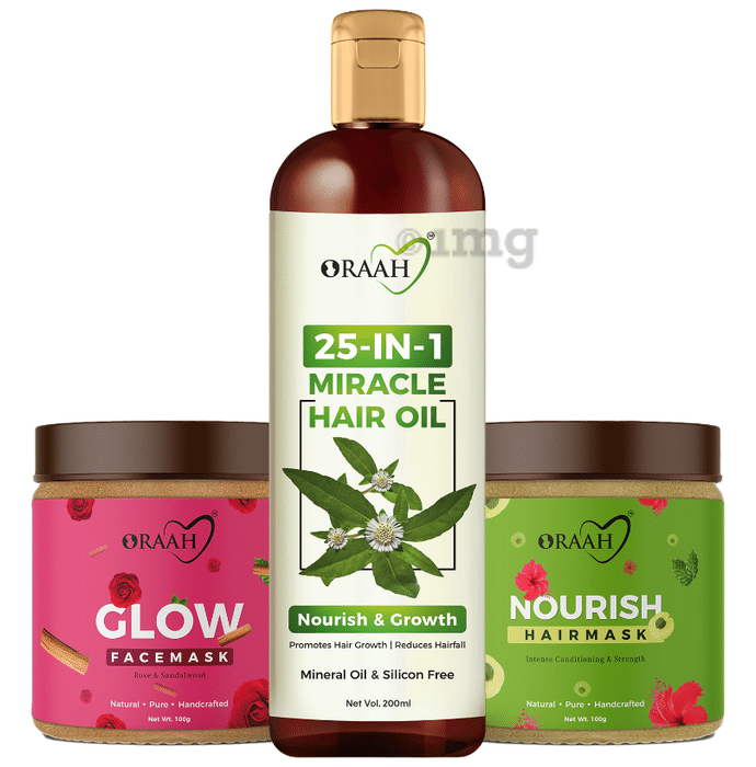 Oraah Combo Pack of 25 In 1 Miracle Hair Oil 200ml, Glow Face Mask 100gm & Nourish Hair Mask 100gm