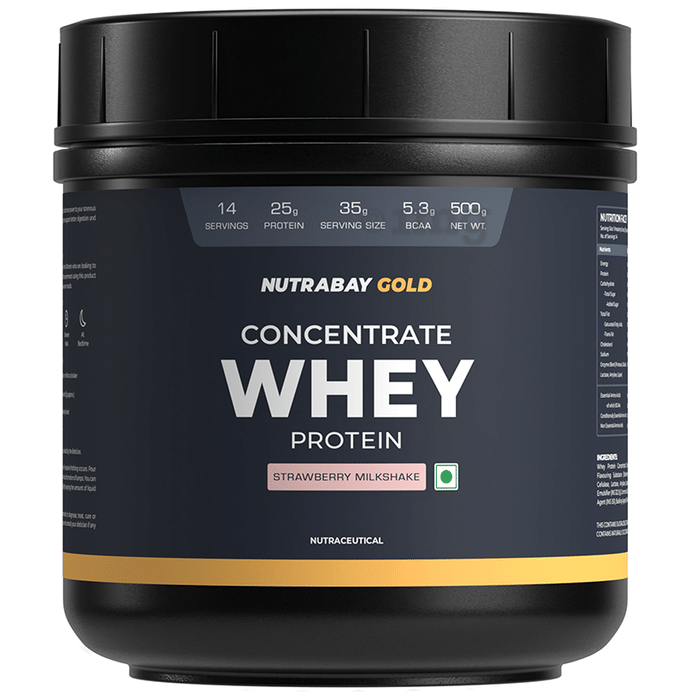 Nutrabay Gold Concentrate Whey Protein for Muscle Recovery | No Added Sugar Powder Strawberry Milkshake