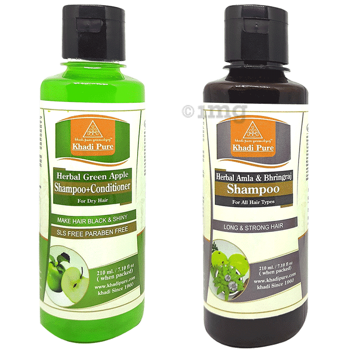 Khadi Pure Combo Pack of Herbal Amla & Bhringraj Shampoo & Herbal Green Apple Shampoo + Conditioner SLS & Paraben Free (210ml Each)
