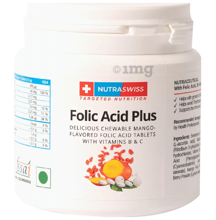 Nutraswiss Folic Acid Plus with Vitamins B & C for Immunity | Flavour Mango Chewable Tablet