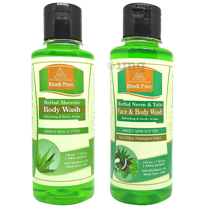 Khadi Pure Combo Pack of Herbal Aloevera Body Wash and Herbal Neem & Tulsi Face & Body Wash SLS & Paraben Free (210ml Each)