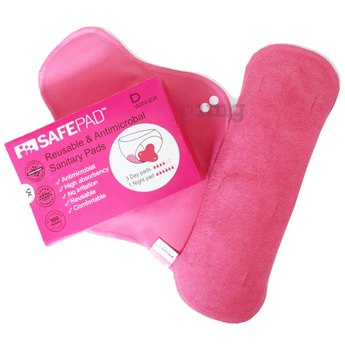 Safepad Reusable & Antimicrobial Sanitary Pad, Day Pad (3), Night Pad (1) with Storage Bag Pink