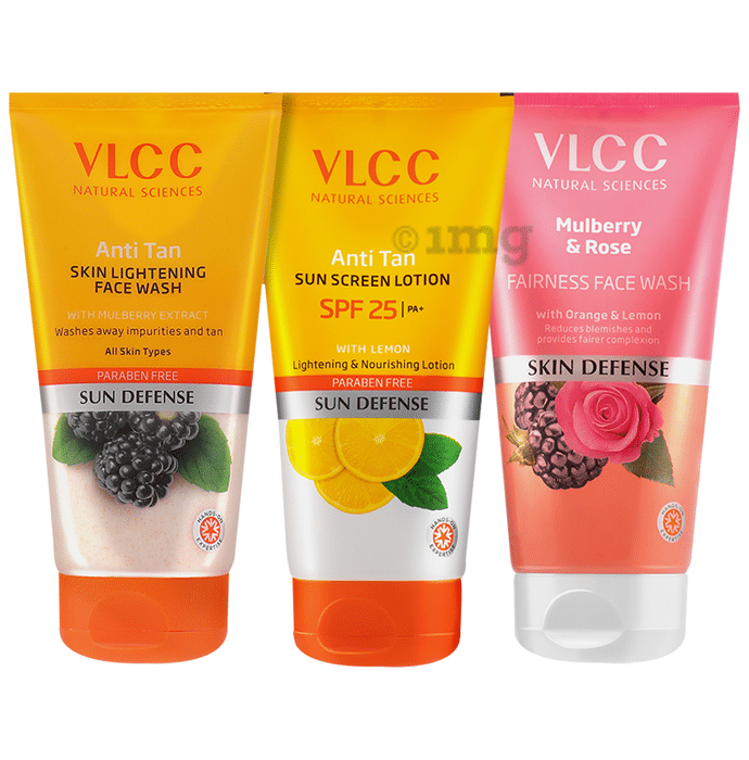 VLCC Combo Pack of Anti Tan Face Wash & Mulberry & Rose Face Wash & Anti Tan Sunscreen SPF+25 (150ml)